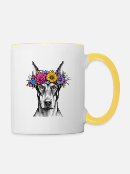 Hund mit Blumenkrone - Tasse zweifarbig - Weiß/Gelb