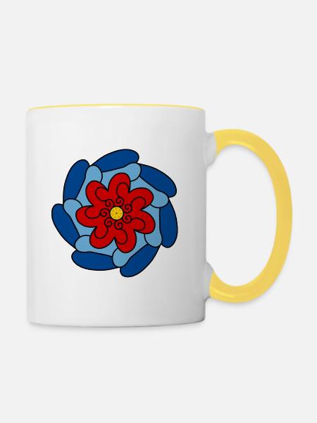 Rote Blume Blaue Mandala - Tasse zweifarbig - Weiß/Gelb