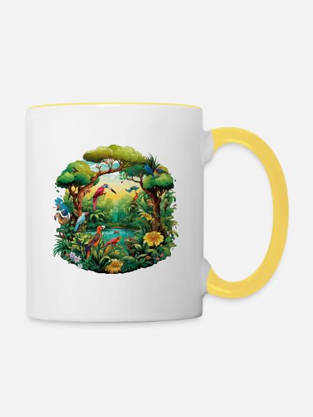 Vibrante Dschungel Vogelparade - Tasse zweifarbig - Weiß/Gelb