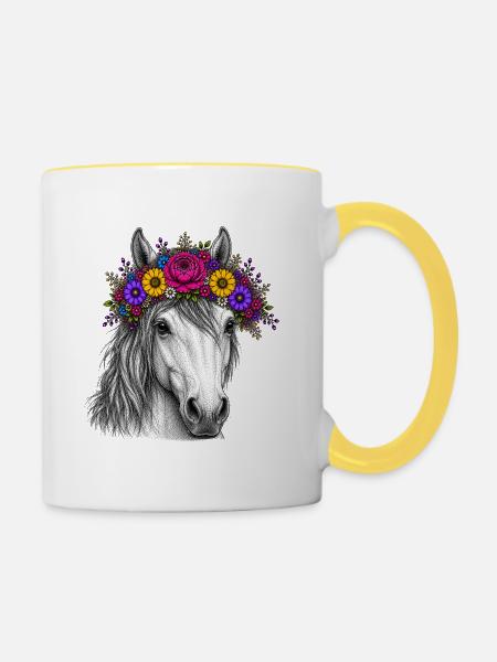 Pferd mit Blumenkranz - Tasse zweifarbig - Weiß/Gelb