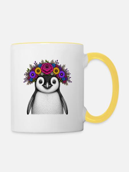 Pinguin mit Blumenkrone - Tasse zweifarbig - Weiß/Gelb