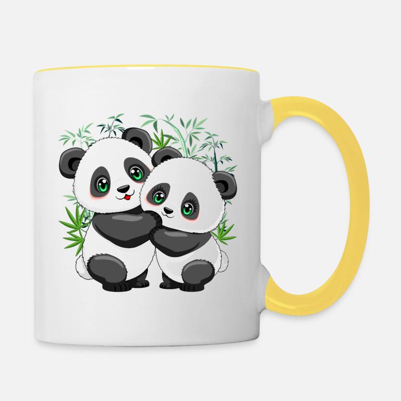 Panda Couple on Bamboo Cute Kawaii style - Contrasting Mug - white/yellow