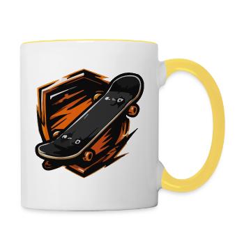 Flammendes Skateboard-Motiv - Tasse zweifarbig - Weiß/Gelb - Rechts