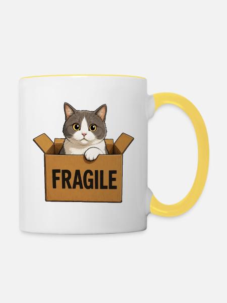 Katze im Karton - Tasse zweifarbig - Weiß/Gelb