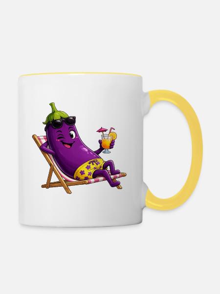 Aubergine im Urlaub in der Sonne - Tasse zweifarbig - Weiß/Gelb