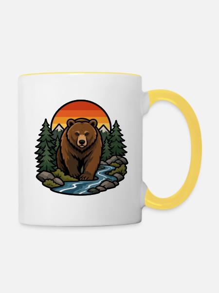 Braunbär im Walduntergang - Tasse zweifarbig - Weiß/Gelb