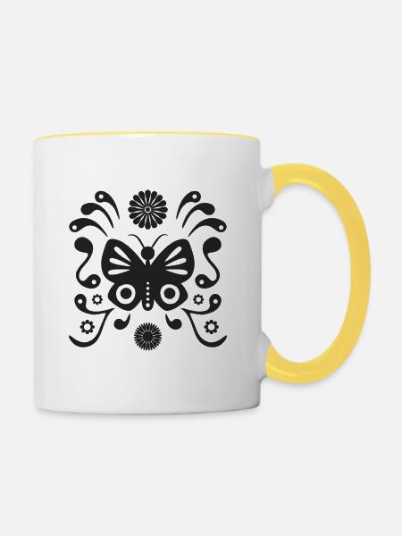 Boho-Schmetterling L matt schwarz - Tasse zweifarbig - Weiß/Gelb