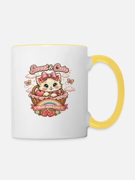 Süßes Kätzchen im Körbchen - Tasse zweifarbig - Weiß/Gelb