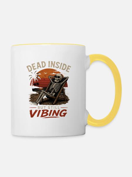 Dead Inside Still Vibing Skelett - Tasse zweifarbig - Weiß/Gelb