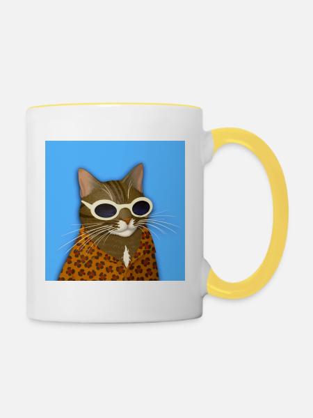 Getigerte Katze in Leopardenmuster - Tasse zweifarbig - Weiß/Gelb