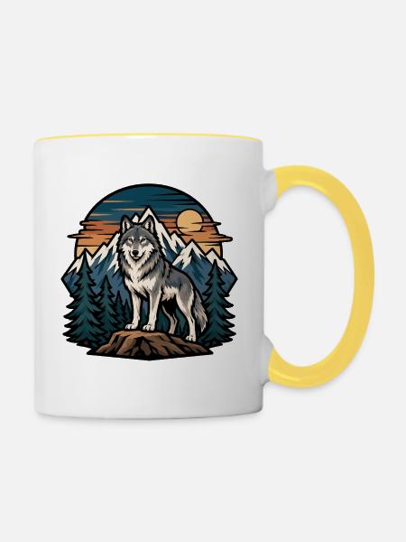 Majestätischer Wolf auf Berggrund. - Tasse zweifarbig - Weiß/Gelb