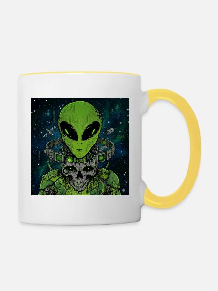 Cyber Alien Skull – Futuristisches Sci-Fi Alien - Tasse zweifarbig - Weiß/Gelb