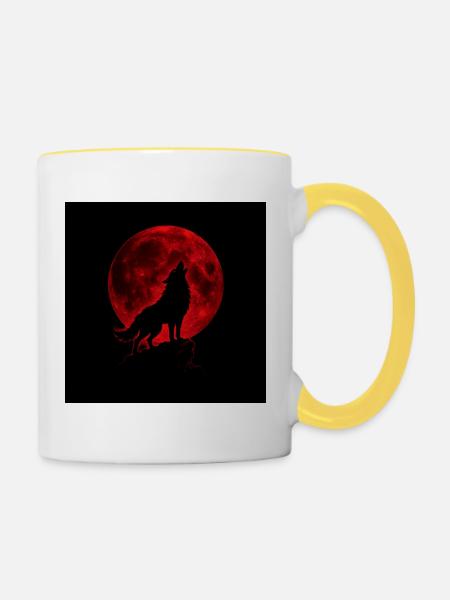 Wolf heult unter Red Moon - Tasse zweifarbig - Weiß/Gelb