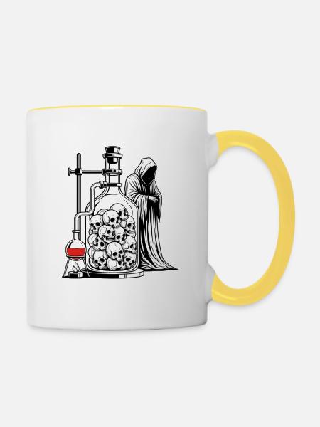 Totenkopf-Alchemie-Labor mit Sensenmann-Gotik-Kunst - Tasse zweifarbig - Weiß/Gelb
