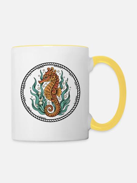 Seepferdchen-Seetang-Retro-Tattoo-Abzeichen - Tasse zweifarbig - Weiß/Gelb