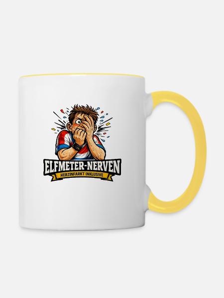Elfmeter-Nerven – Herzinfarkt inklusive - Tasse zweifarbig - Weiß/Gelb
