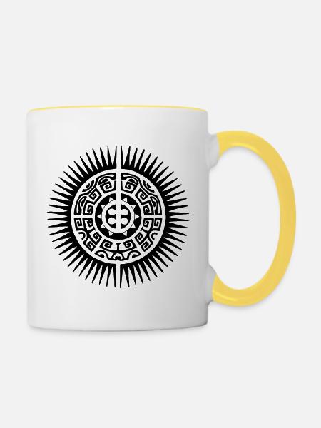 Schwarze Mandala-Sonne - Tasse zweifarbig - Weiß/Gelb