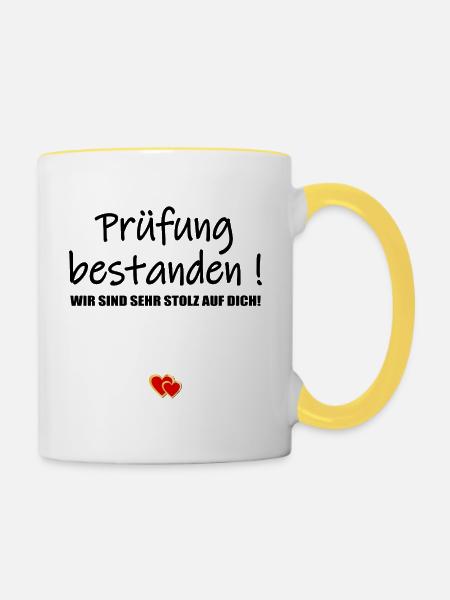 Glückwunsch Prüfung bestanden - Tasse zweifarbig - Weiß/Gelb