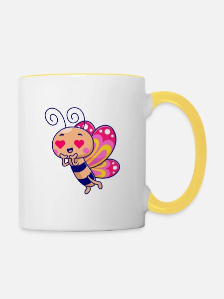 Kawaii-Herzaugen-Schmetterling - Tasse zweifarbig - Weiß/Gelb