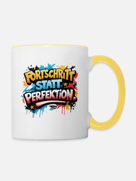 Fortschritt statt Perfektion - Tasse zweifarbig - Weiß/Gelb