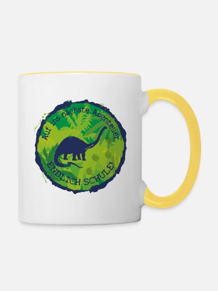 Dino Brachiosaurus Abenteuer Endlich Schule - Tasse zweifarbig - Weiß/Gelb