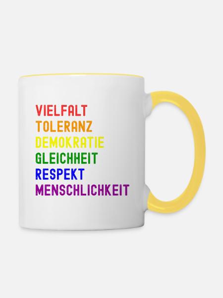 Vielfalt Toleranz Demokratie - Tasse zweifarbig - Weiß/Gelb