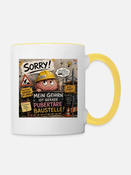Pubertäres Gehirn als Baustelle - Tasse zweifarbig - Weiß/Gelb