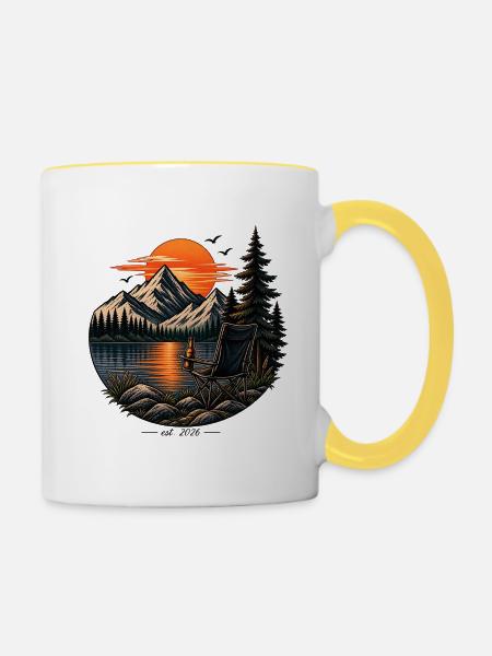 Camping-Sonnenuntergang am See - Tasse zweifarbig - Weiß/Gelb