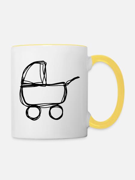Kinderwagen handgezeichnet - Tasse zweifarbig - Weiß/Gelb