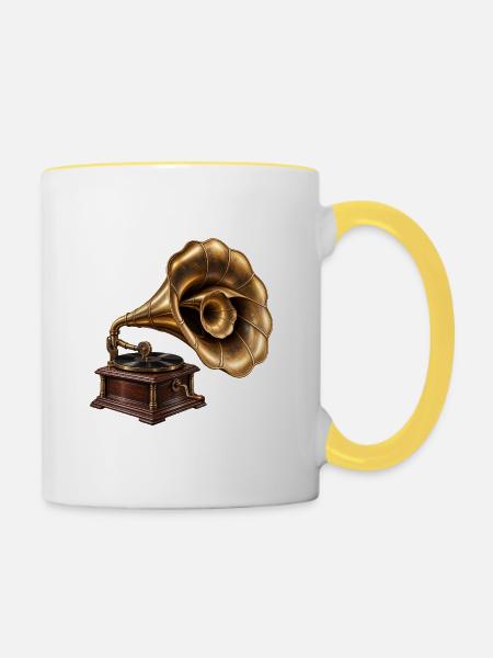Antikes Grammophon - Tasse zweifarbig - Weiß/Gelb