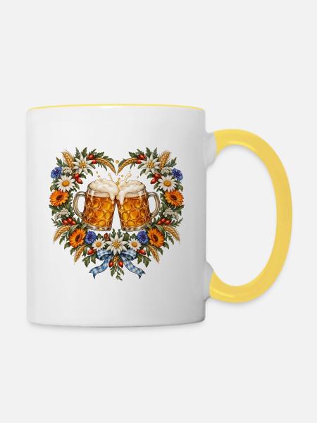 Bierkrüge im Blumenherz – Prost Volksfest - Tasse zweifarbig - Weiß/Gelb