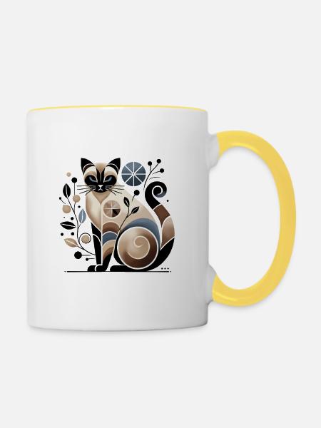 Beige-blaue abstrakte Siamkatze - Tasse zweifarbig - Weiß/Gelb