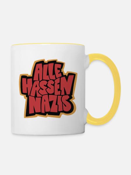 Alle_hassen_Nazis_gelb_rot_schwarz - Tasse zweifarbig - Weiß/Gelb