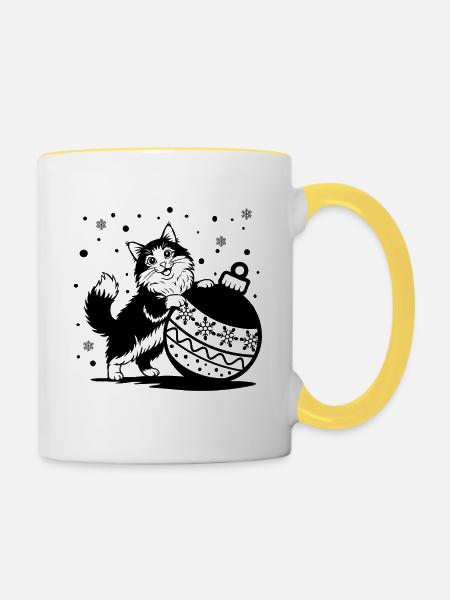 Süße flauschige Katze mit Weihnachtskugel - Tasse zweifarbig - Weiß/Gelb