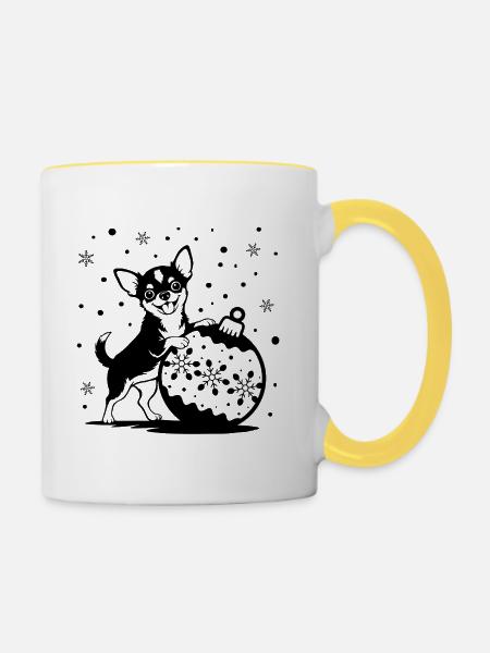 Süßer Weihnachts-Chihuahua mit Kugel - Tasse zweifarbig - Weiß/Gelb
