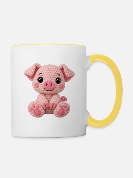 Häkelkuschel Schwein Rosa - Tasse zweifarbig - Weiß/Gelb