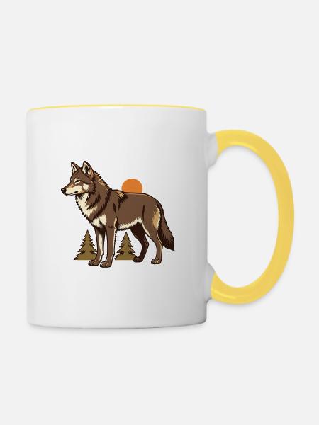 Wolf zwischen Herbsttannen - Tasse zweifarbig - Weiß/Gelb
