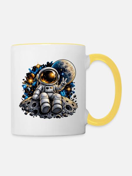 Astronaut auf Mondstein - Tasse zweifarbig - Weiß/Gelb