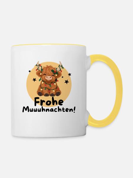 Frohe Muuuhnachten – Süßes Weihnachtskälbchen - Tasse zweifarbig - Weiß/Gelb