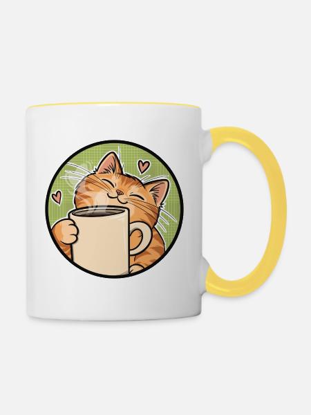 Cozy Cat Coffee Heart Illustration - Tasse zweifarbig - Weiß/Gelb