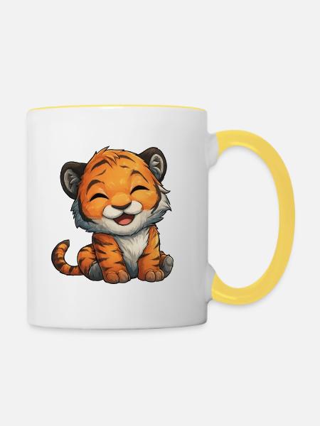 Fröhlicher Tigerjunge Cartoon - Tasse zweifarbig - Weiß/Gelb