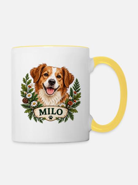 Hund Milo mit Blumenkranz - Tasse zweifarbig - Weiß/Gelb