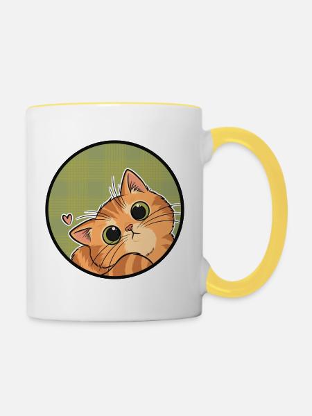 Neugieriges Kätzchen auf Karo - Tasse zweifarbig - Weiß/Gelb
