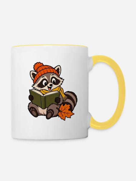Der Waschbär liest - Tasse zweifarbig - Weiß/Gelb