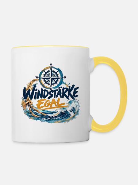 Windstärke Egal – Kompass und Wellen - Tasse zweifarbig - Weiß/Gelb