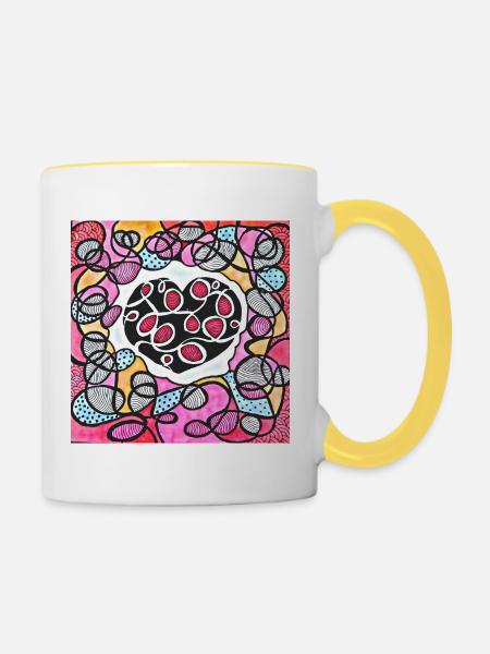 Auffällige rosa Herzen - Tasse zweifarbig - Weiß/Gelb