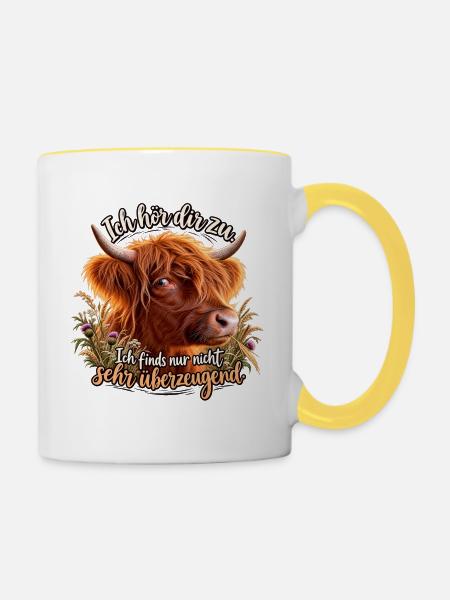 Highland Kuh Zuhören Spruch - Tasse zweifarbig - Weiß/Gelb