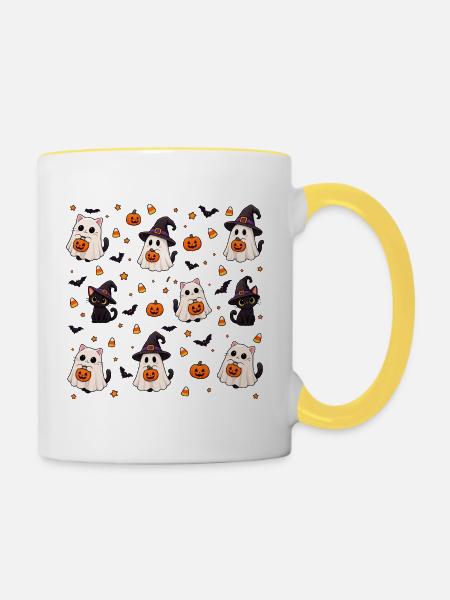 Cutes Halloween-Katzen-Muster - Tasse zweifarbig - Weiß/Gelb