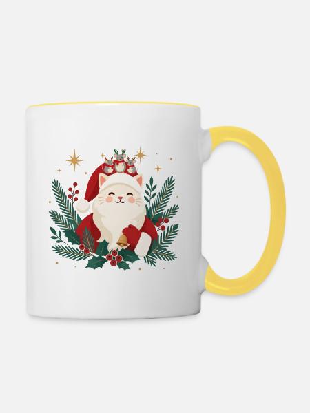 Weihnachtskatze mit Mäusen - Tasse zweifarbig - Weiß/Gelb