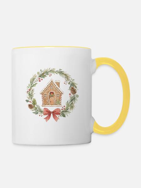 Lebkuchenhaus Weihnachtskranz - Tasse zweifarbig - Weiß/Gelb